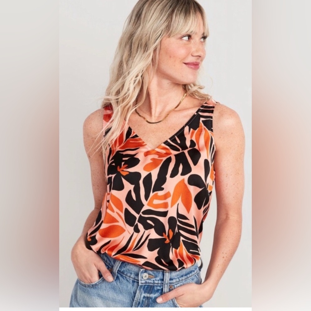 Old Navy Orange Floral V-Neck Satin Tank Top